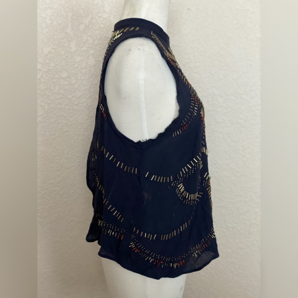 Free People Navy Blue Sleeveless Gauze Top with Beadwork and Open Back - Picture 7 of 8